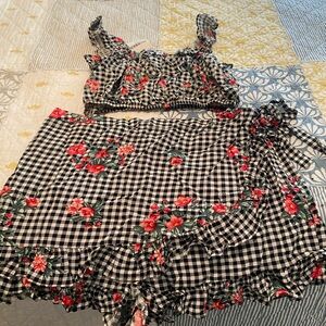 2-piece black, pink and white floral wrap skort set. Cute and soft with tags.